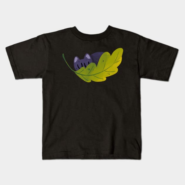 sleepy leaf cat Kids T-Shirt by hellocloudy